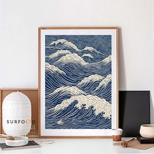 Linolschnitt Meer Ozean Japan Retro Welle Wellen Linie Druck Linolschnitt Wellen Poster Linolschnitt Wellenkunst Linolschnitt Minimalistisch Japan Ozean Druck Minimalistisch