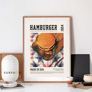 Hamburguesa de EE. UU. Arte gastronómico estadounidense Impresión retro para amantes de la comida estadounidense Arte mural de comida de cocina estadounidense Decoración de hamburguesas Póster de hamburguesa con receta de amante de la comida estadounidense