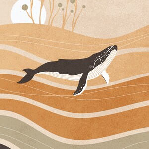 May include: Illustration of a whale swimming in a sea of layered, textured, tan and brown tones. The whale is dark brown with white accents. A sun and stylized trees are in the background.