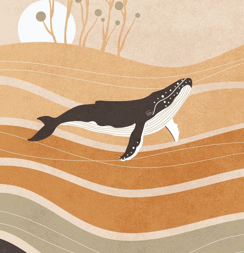 May include: Illustration of a whale swimming in a sea of layered, textured, tan and brown tones. The whale is dark brown with white accents. A sun and stylized trees are in the background.