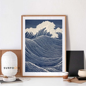 Linolschnitt Meer Ozean Japan Retro Welle Wellen Linie Druck Linolschnitt Wellen Poster Linolschnitt Wellenkunst Linolschnitt Minimalistisch Japan Ozean Druck Minimalistisch