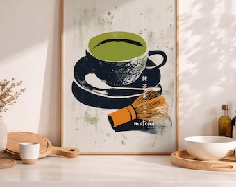Cuadro decorativo de matcha, ilustración de la ceremonia del té japonesa, decoración minimalista para la cocina (descarga digital)