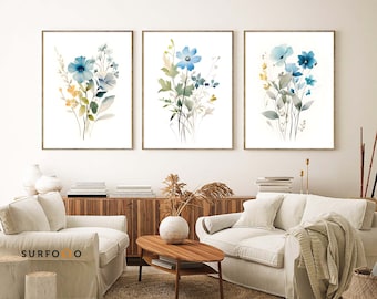 Wild blue flower Art Set of 3, Floral Art, Modern Floral Prints, Watercolor Wildflowers print set of 3, Floral Printable Wall Art