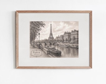 affiche de voyage Paris Tour Eiffel vintage, impression d'art en téléchargement numérique Seine, art mural ville Français