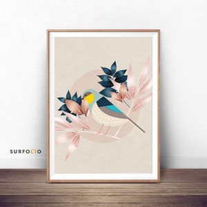 May include: A digital illustration of a blue and white bird with a yellow beak perched on a branch with pink and blue leaves. The background is a light beige color.