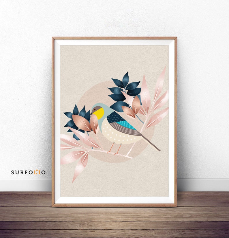 May include: A digital illustration of a blue and white bird with a yellow beak perched on a branch with pink and blue leaves. The background is a light beige color.