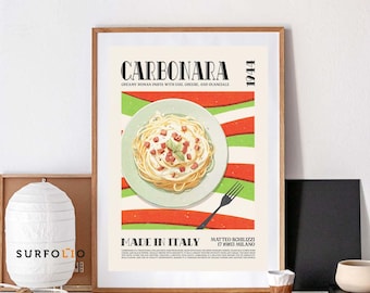 Póster de carbonara, arte de comida italiana, impresión de pared de pasta, receta de Roma, espaguetis a la carbonara, decoración de comida de cocina, arte de plato italiano, regalo para amantes de la pasta