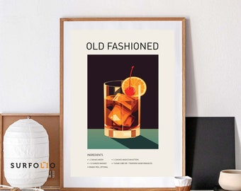May include: A vintage-style poster with a graphic illustration of an Old Fashioned cocktail. The poster includes the title "Old Fashioned" and a list of ingredients: 1-2 dashes water, 1-1/2 ounces whiskey, orange peel (optional), 1-2 dashes Angostura bitters, sugar cube or 1 teaspoon sugar (granulated).