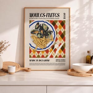 Konsttryck Moules Frites: Köksinredning i vintagestil (digital nedladdning)