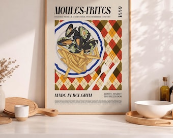 Lámina decorativa de mejillones con patatas fritas: decoración de cocina estilo restaurante vintage (descarga digital)