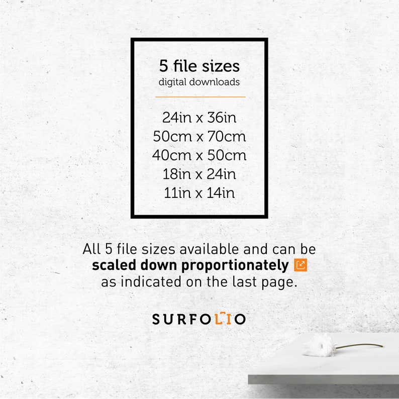 Op de afbeelding: Een wit tekstvak op een grijze achtergrond met de tekst "5 file sizes" en "digital downloads". Het tekstvak geeft vijf verschillende maten in inches en centimeters weer: 24 inch x 36 inch, 50 cm x 70 cm, 40 cm x 50 cm, 18 inch x 24 inch en 11 inch x 14 inch. Onder het tekstvak staat de tekst "All 5 file sizes available and can be scaled down proportionately as indicated on the last page." De tekst "SURFOLIO" staat onderaan de afbeelding.