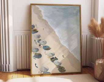Lámina de playa, arte mural costero, póster con vista al océano, decoración de verano, arte aéreo de playa, sombrilla a rayas, lámina de playa arenosa, arte minimalista de viaje a la playa