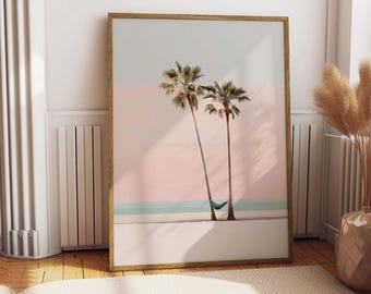 Lámina con diseño de palmeras al atardecer, decoración minimalista para pared con temática playera (descarga digital)