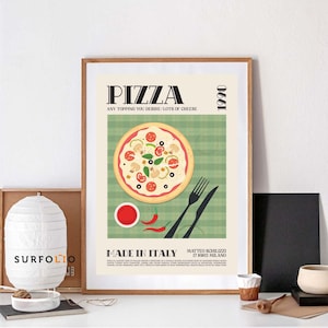 Lámina artística de pizza, póster de Italia, decoración de cocina, decoración de cocina retro, arte de pizza deliciosa, póster para amantes de la pizza, arte mural de pizza, impresión gastronómica