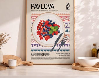 Pavlova Postre Arte de Nueva Zelanda Arte de pared de postres Ilustración de comida Arte de cocina dulce Decoración de pared de cafetería Arte de postre de frutas Impresión de comida vintage