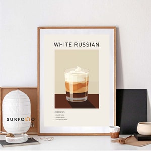 ホワイトロシアンのポスター、カクテルの壁アート、ホワイトロシアンのプリント、クラシックなカクテル、ホワイトロシアンの装飾、アルコールプリント、バーカートアート、カクテルポスター