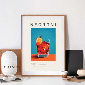 Plakat Negroni, sztuka ścienna z koktajlem Wydruk Negroni, klasyczne koktajle Wystrój Negroni, wydruki alkoholowe, sztuka na barze, plakat z koktajlem, wydruki na barze