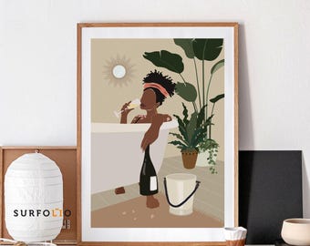 African Woman Bath Print | Relaxing Wine Art (Digital Download)