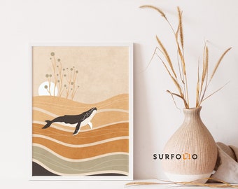 Impressão artística de baleia boho | Ilustração de baleia jubarte (Download digital)