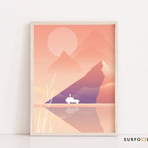 May include: A digital illustration of a white car driving on a road through a pink and purple mountain range with a large orange sun in the sky.