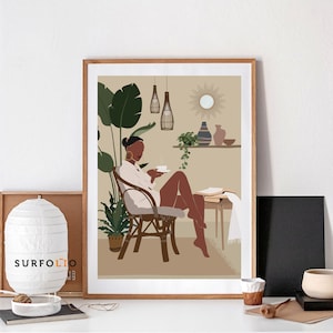 Koffieprint zwarte vrouw, botanische kunst, bloemdecor (digitale download)