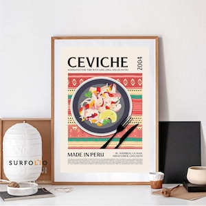 Arte gastronómico de ceviche peruano, impresión retro de comida para amantes del ceviche, arte mural de comida de la cocina peruana, decoración peruana, ceviche foodie, arte mural de cocina, decoración de comida