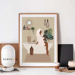 Black Women Poster Black Female Bathtub Art Women Relax Art Bath Reading Art Woman Reading Art Floral Female Poster women wall art decor