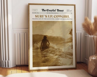 Coastal Cowgirl Surf Art, Vintage Newspaper Style Print (Digital Download)