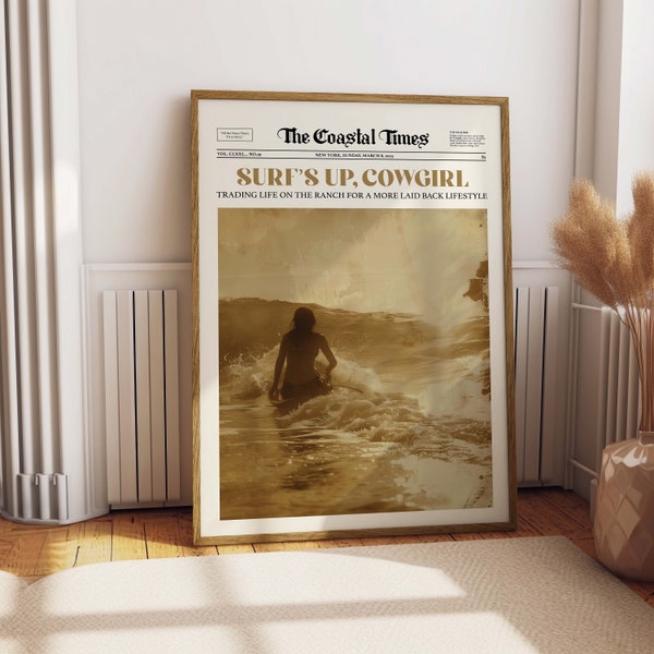 Coastal Cowgirl Art Newspaper Vintage Surf Retro Wall Art Chic Beach Surfer Sunrise Coastal Art Cowgirl Aesthetic Sunset Surf up Cowgirl Art