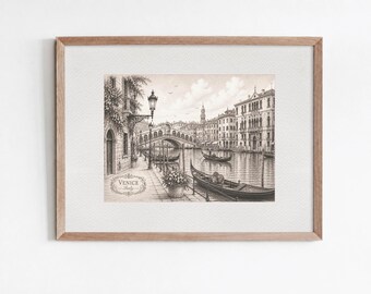 May include: A framed black and white sketch of a Venice canal scene featuring gondolas, a stone bridge, and historic buildings. The artwork includes the text 'VENICE Italy' in a decorative oval frame at the bottom left corner.