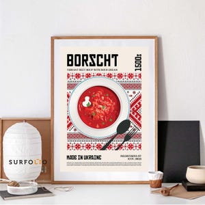 Art mural cuisine ukrainienne, affiche de cuisine de bortsch, impression de cuisine d'Europe de l'Est, illustration de cuisine culturelle, décoration d'intérieur gastronomique