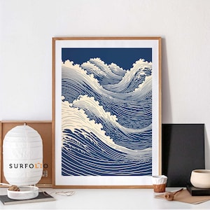 Linolschnitt Meer Ozean Japan Retro Welle Wellen Linie Druck Linolschnitt Wellen Poster Linolschnitt Wellenkunst Linolschnitt Minimalistisch Japan Ozean Druck Minimalistisch