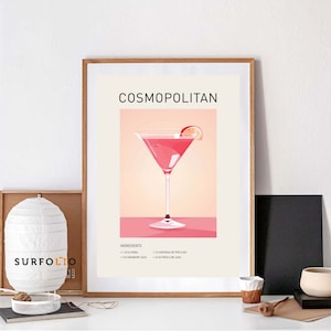 Póster de Cosmopolitan, arte mural de cócteles, impresión de Cosmopolitan, cócteles clásicos, decoración de Cosmopolitan, impresiones de alcohol, arte de carrito de bar, póster de cócteles