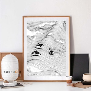 Orca Print, Orca Wall Art, Marine Life Print, Orca Line Art, Orca Illustration, Orca Whale Print, Waves Line Art, Sea Waves, Killer Whale