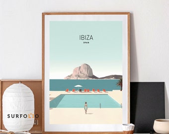 Pôster de viagem para Ibiza, Espanha, com estampa minimalista de praia costeira (download digital)