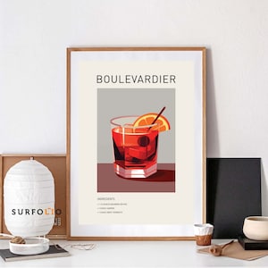 Boulevardier plakat koktajlowy sztuka ścienna Boulevardier wydruk klasyczne koktajle Boulevardier wystrój wydruki alkoholowe bar cart sztuka plakat koktajlowy