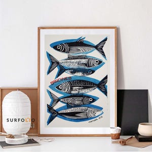 Póster de sardina, arte mural de pescado, impresión de Portugal, cocina de mariscos, arte vintage de pescado, arte con temática oceánica, cocina costera, impresión retro de pescado, decoración náutica