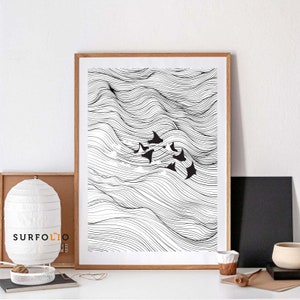 Manta Ray Print, Manta Wall Art, Marine Life Print, Manta Ray Art, Stingray Illustration, Black Manta Ray, Waves Line Art, Sea Waves