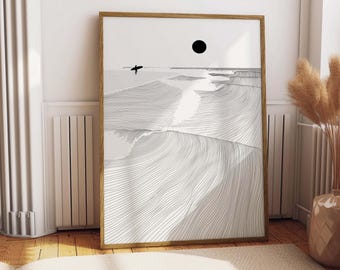 Minimalistischer Wellen Linie Art Print, Surfing Poster (Digitaler Download)