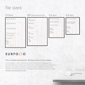 May include: A digital download graphic design file sizes chart with different ratios and measurements in inches and centimeters. The chart is labeled "file sizes" and includes the following ratios: 2:3, ISO (International Size), 3:4, and 4:5. The chart is on a white background with a brown border.