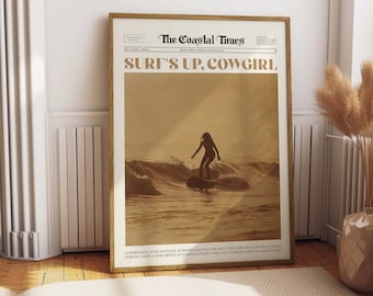 Coastal Cowgirl Surf Art, Vintage Newspaper Style Print (Digital Download)