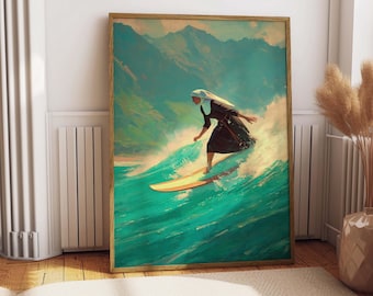 Surfing Nun Wall Art, Quirky Humor Surf Illustration, Tropical Ocean Vibes (Digital Download)