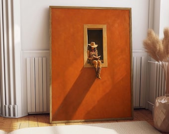 Lámina decorativa de vaquera leyendo en la ventana, estilo minimalista para amantes de los libros, póster cálido y soleado (descarga digital).