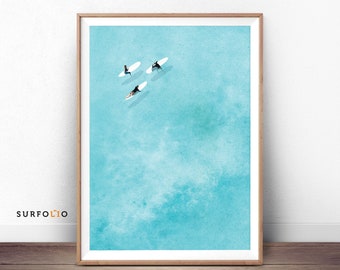 Aerial Surf View Print, Ocean Waves, Sunrise Surfing Art (Digital Download)