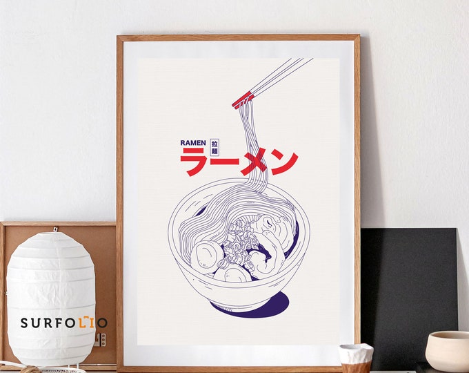 Ramen Print, Japanese Ramen, Ramen Noodles Art, Ramen Poster, Noodles Illustration, Ramen Line Art, Ramen Lover, Ramen Kitchen Art