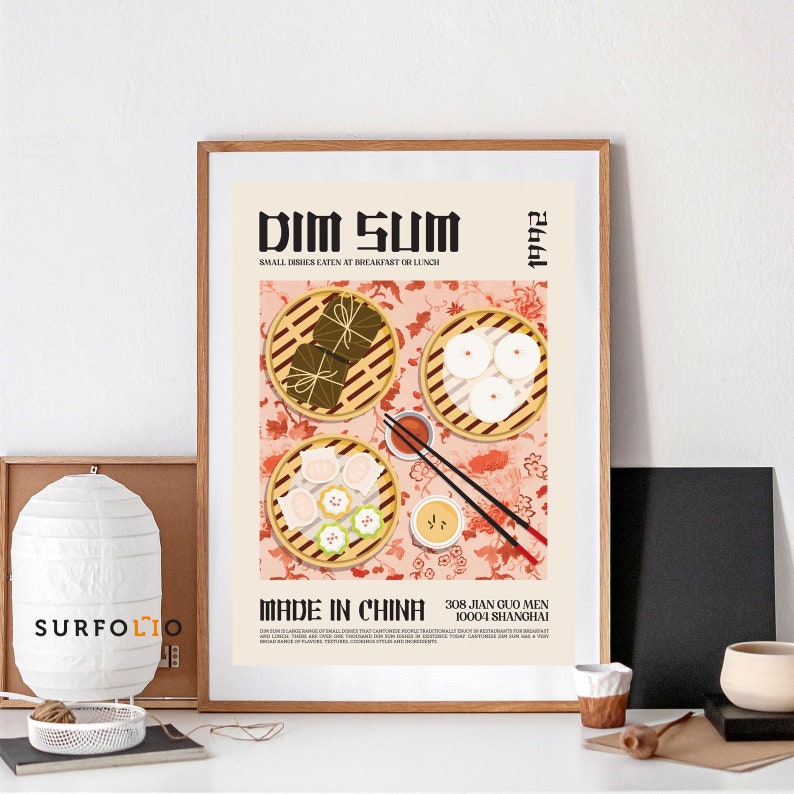 May include: A colorful poster with the text "Dim Sum" and "Made in China" on a pink background with a floral pattern. The poster features an illustration of a variety of dim sum dishes in bamboo steamers.
