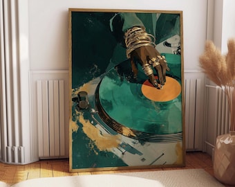 Impresión abstracta de vinilo con forma de tocadiscos de DJ, joyas doradas, decoración para sala de música (descarga digital)