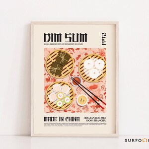 May include: A colorful poster with the text "Dim Sum" and "Made in China" in black lettering. The poster features an illustration of a table setting with various dim sum dishes, including dumplings, buns, and a bowl of sauce. The background is a pink floral pattern.