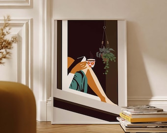 Woman Reading Art Print, Coffee, Relaxing, Girl and Book Poster (Digital Download)