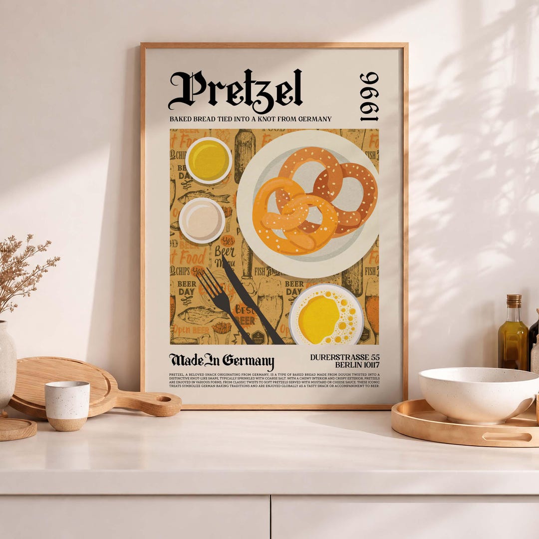 German Pretzel Food Art Print, Mustard Cheese Decor (digital